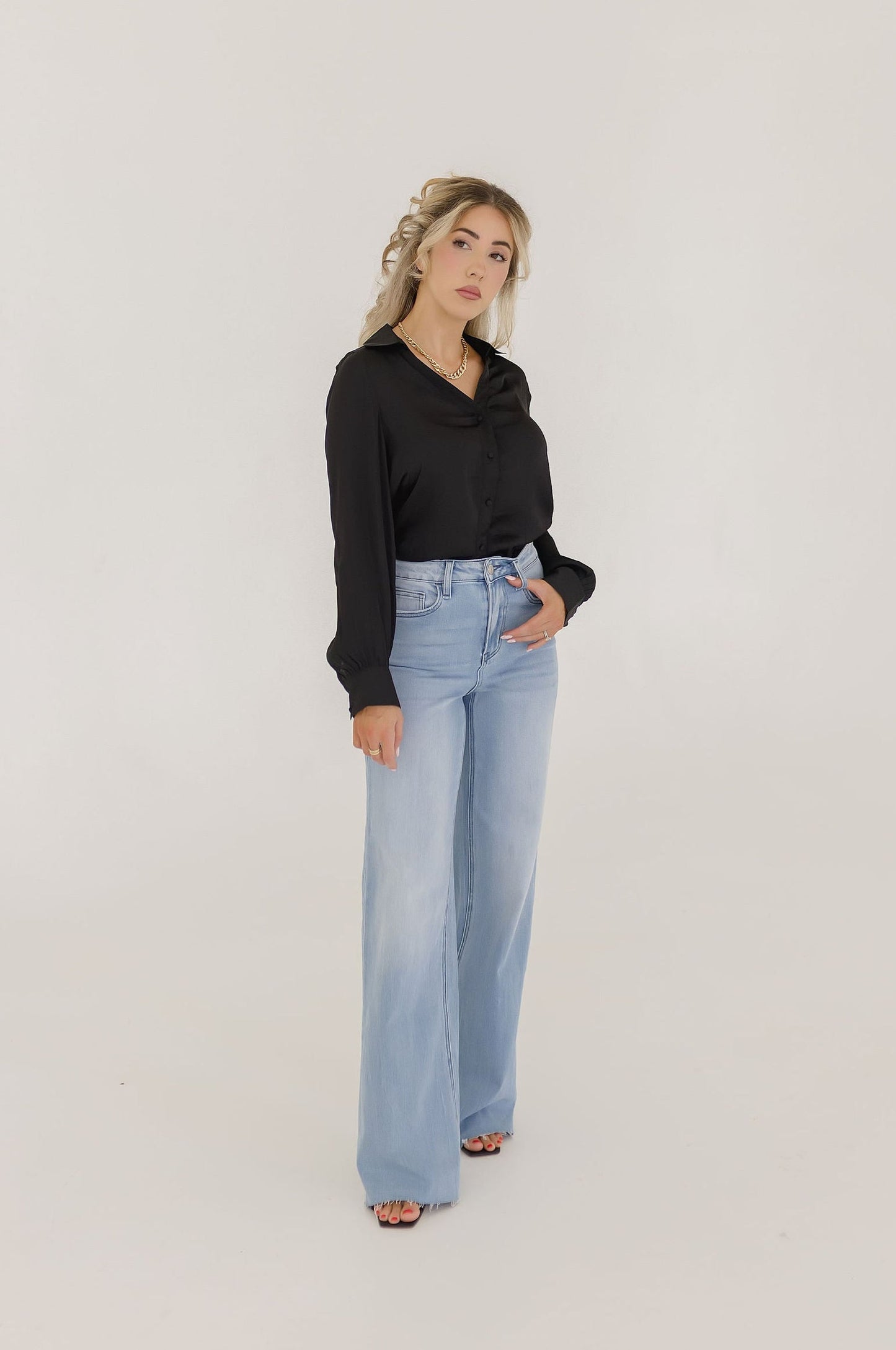 Colleen Long Sleeve Button Down Satin Top Black