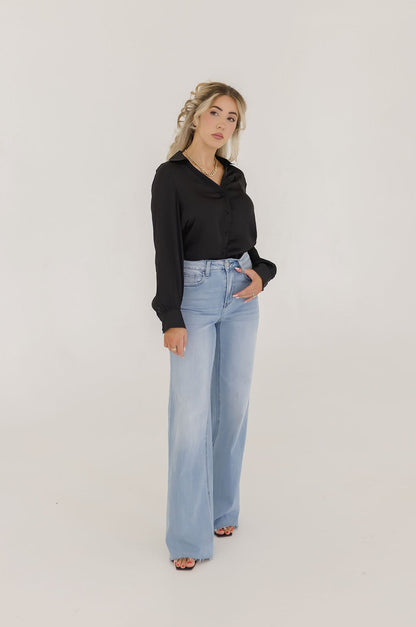 Colleen Long Sleeve Button Down Satin Top Black