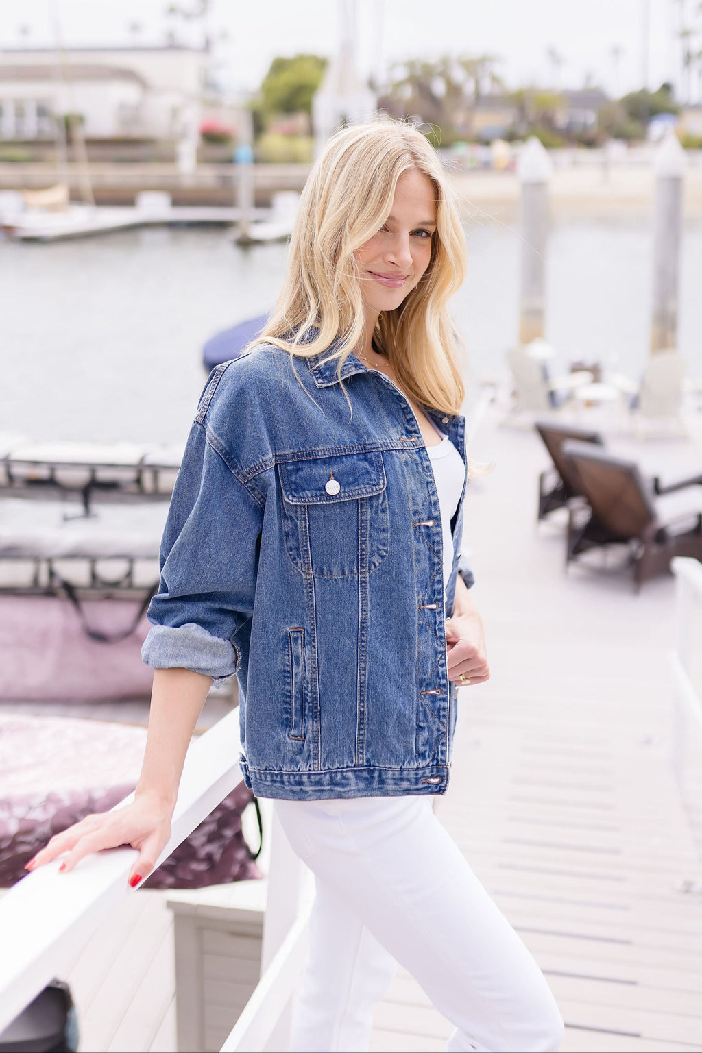 Mae Long Sleeve Button Down Oversized Denim Jacket Dark Wash