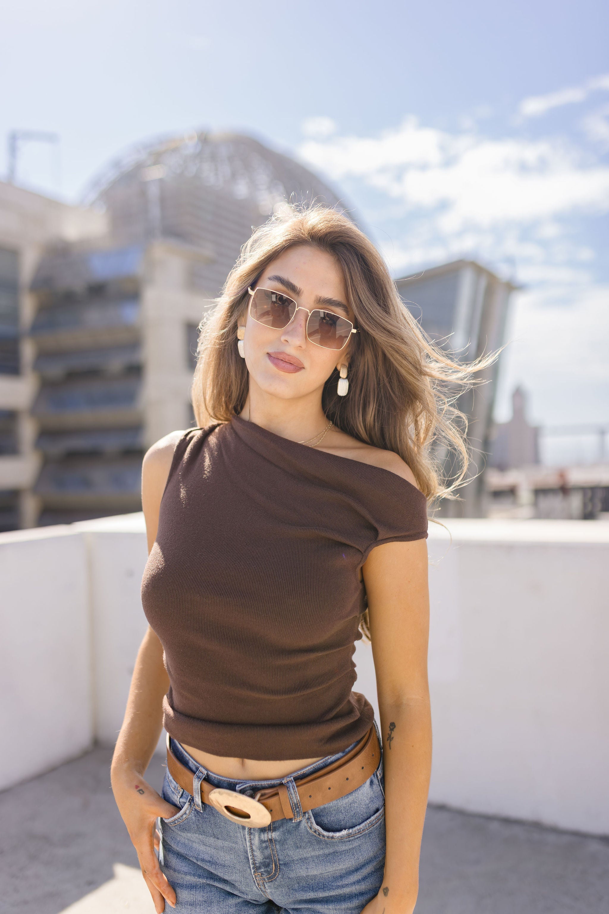 Katie Hammered Oval Buckle Belt Brown