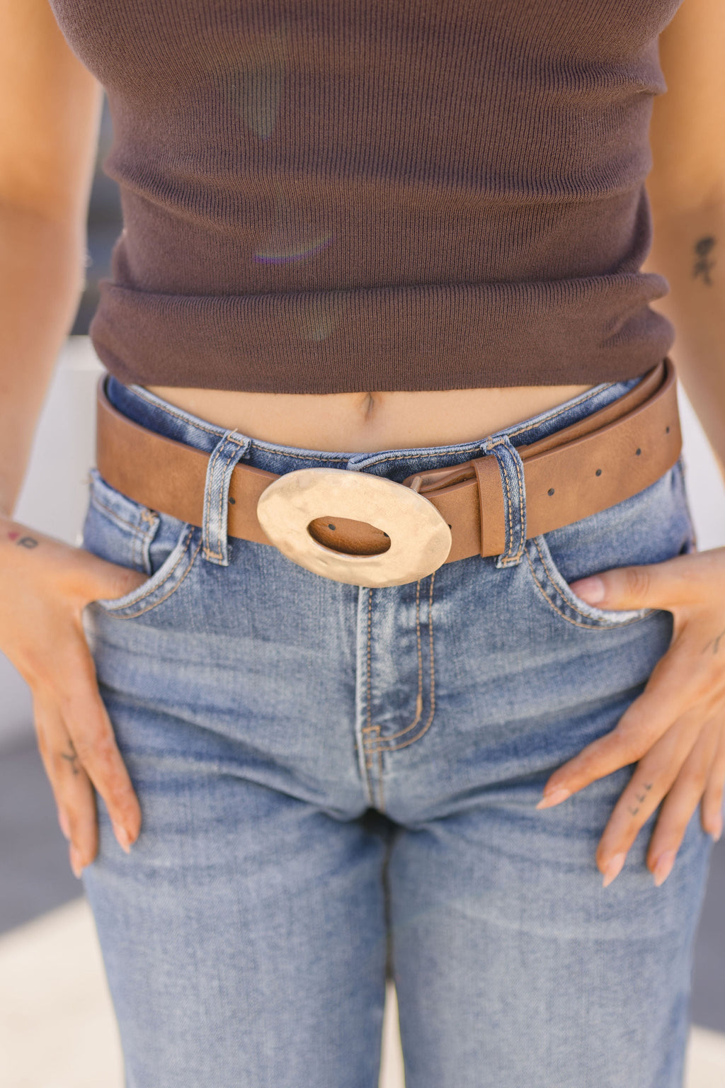 Katie Hammered Oval Buckle Belt Brown