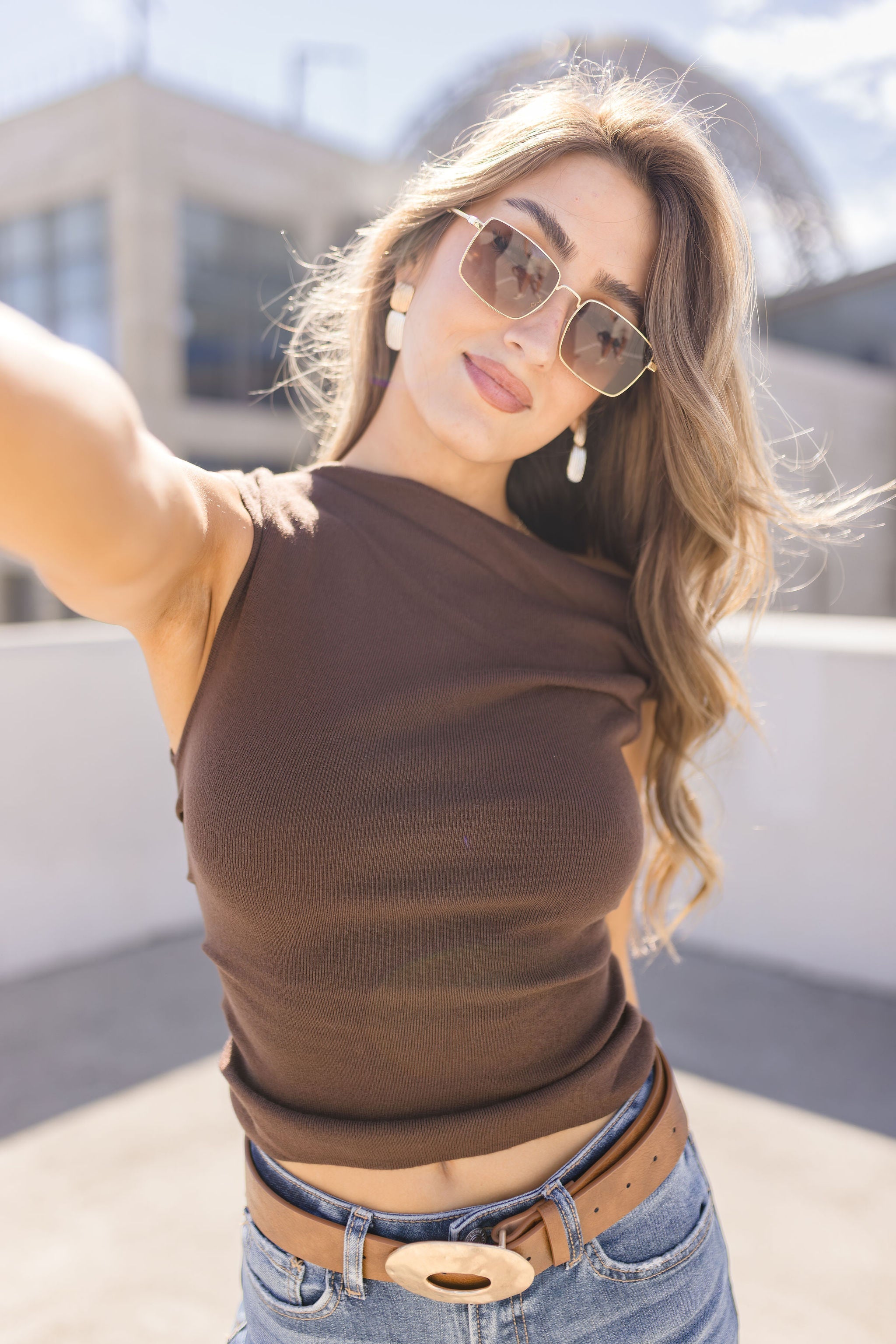 Katie Hammered Oval Buckle Belt Brown
