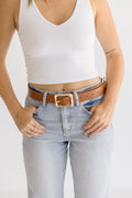 Diana Rectangle Metal Buckle Vegan Leather Belt Cognac