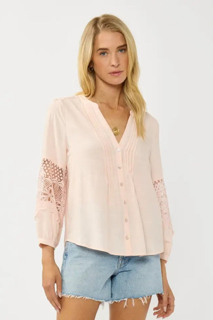 Becks Long Lace Sleeve Button Down Pintuck Top Blush