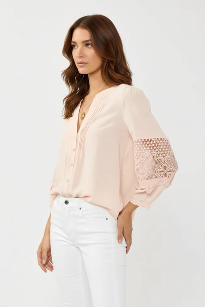 Becks Long Lace Sleeve Button Down Pintuck Top Blush