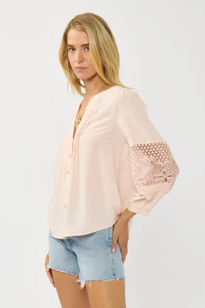 Becks Long Lace Sleeve Button Down Pintuck Top Blush