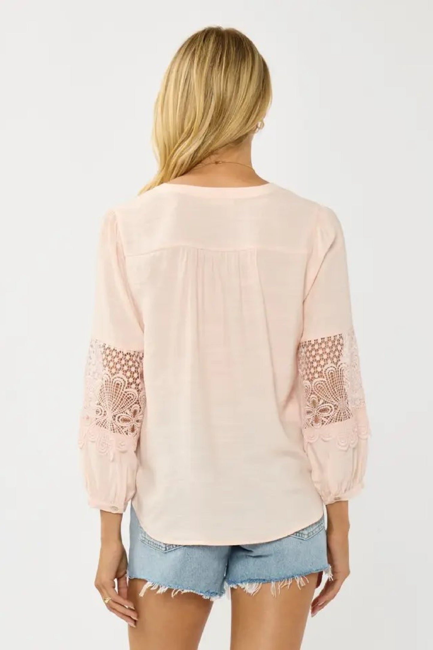 Becks Long Lace Sleeve Button Down Pintuck Top Blush