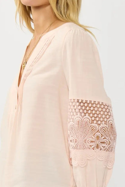 Becks Long Lace Sleeve Button Down Pintuck Top Blush