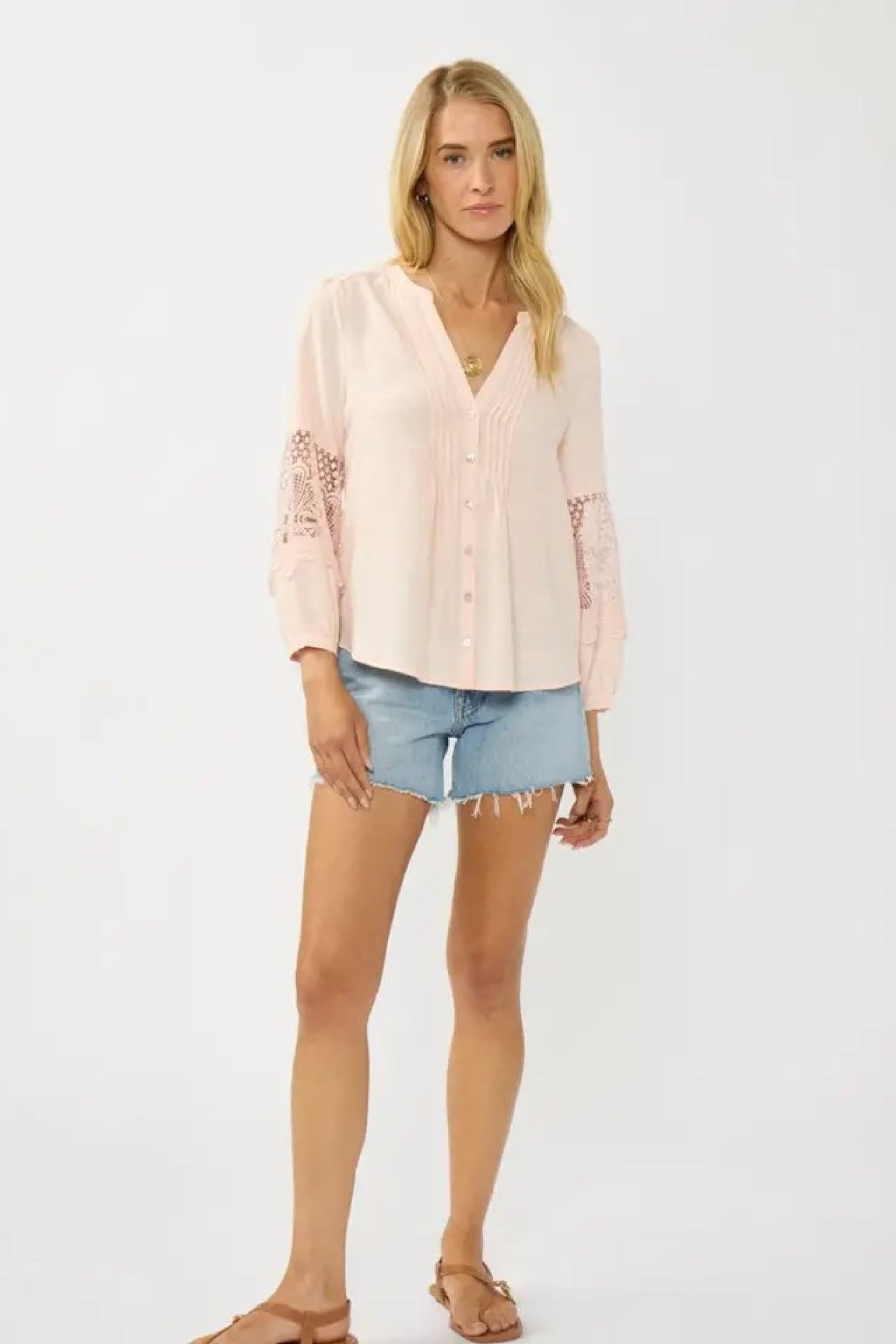 Becks Long Lace Sleeve Button Down Pintuck Top Blush