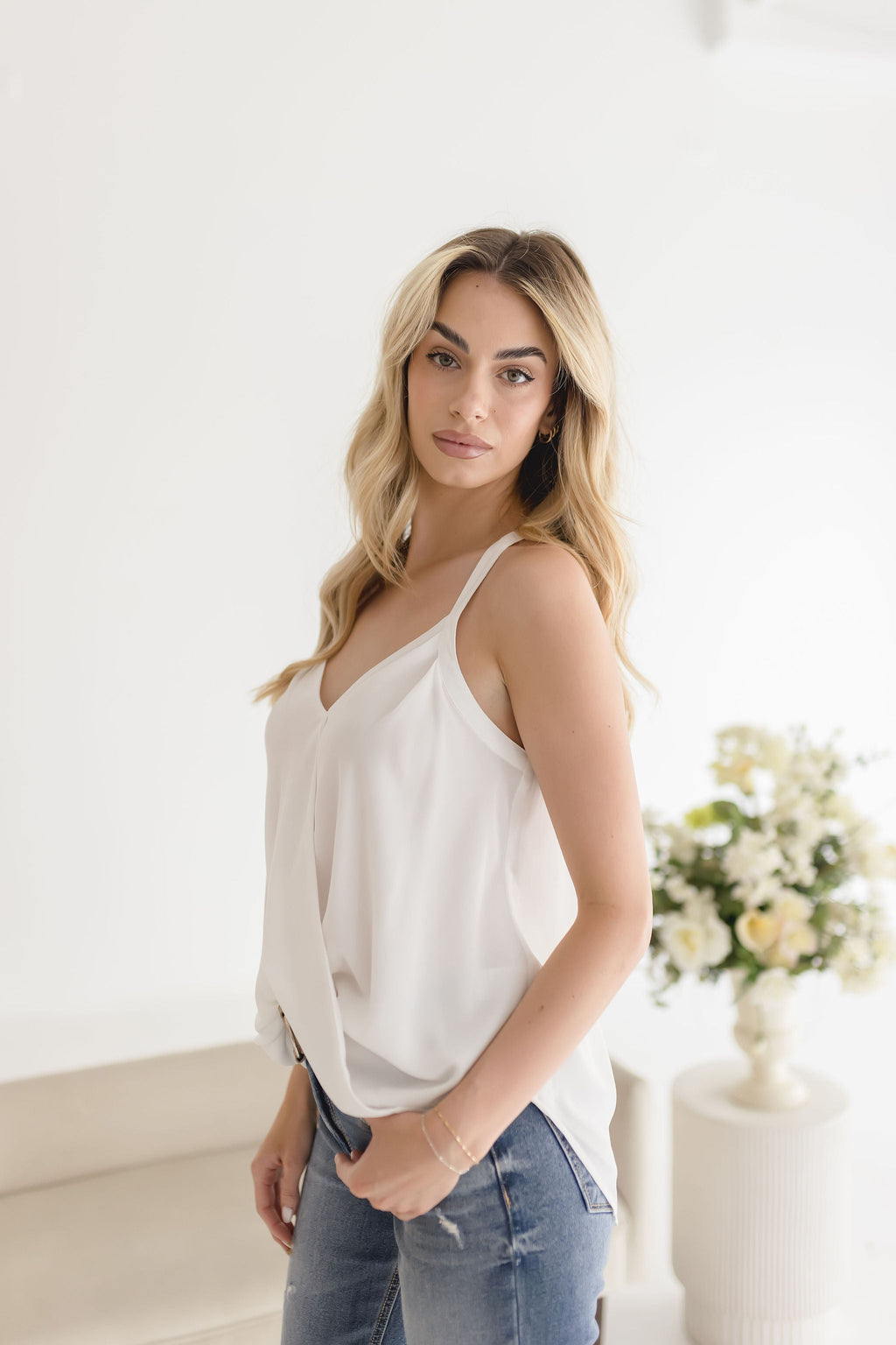 Alyce Sleeveless Surplice Neckline Racerback Top White