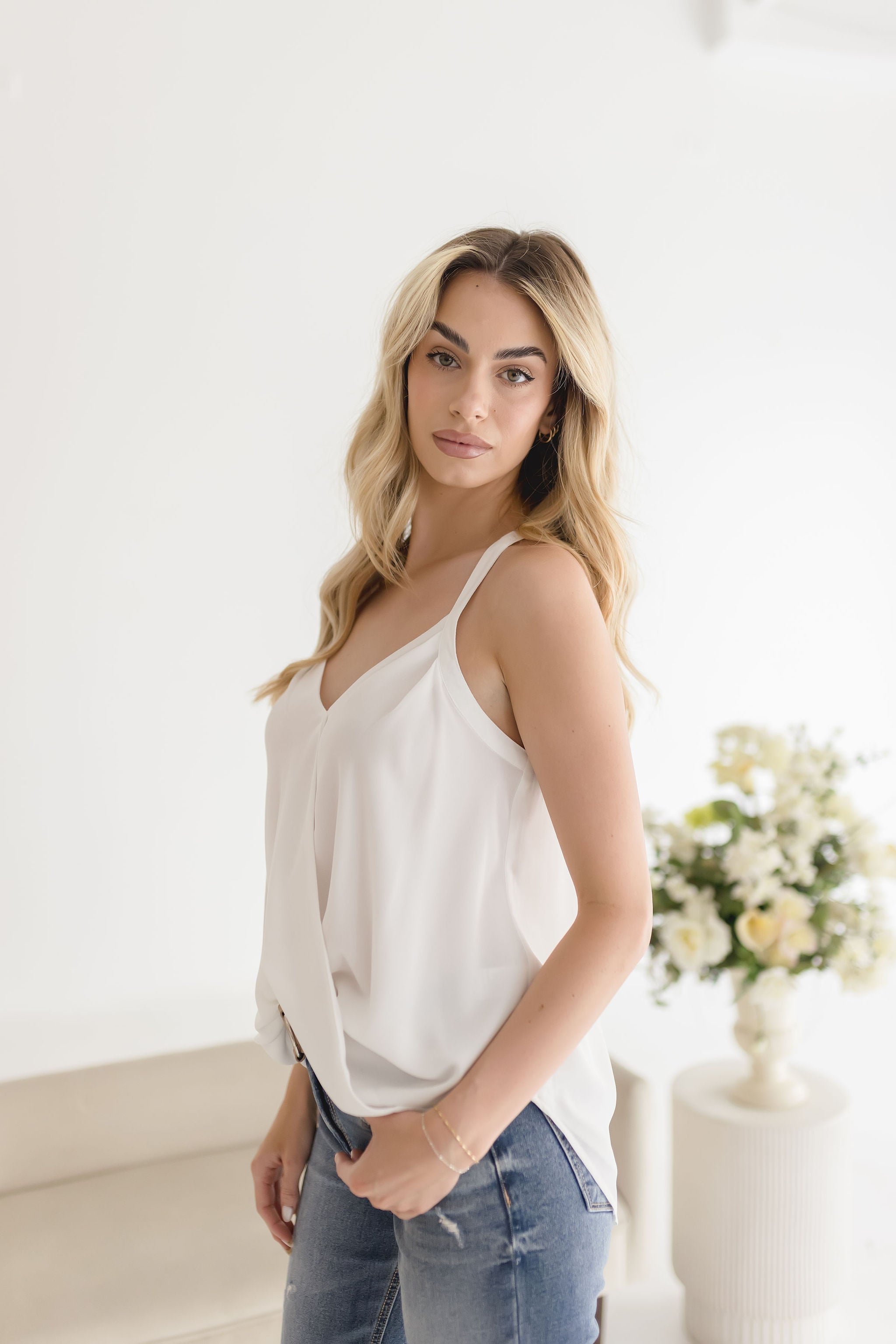 Alyce Sleeveless Surplice Neckline Racerback Top White