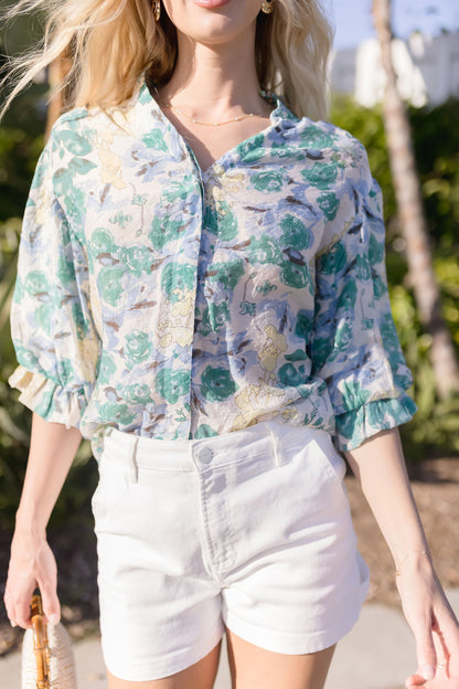 Cleo 3/4 Sleeve Button Down Floral Print Top Green
