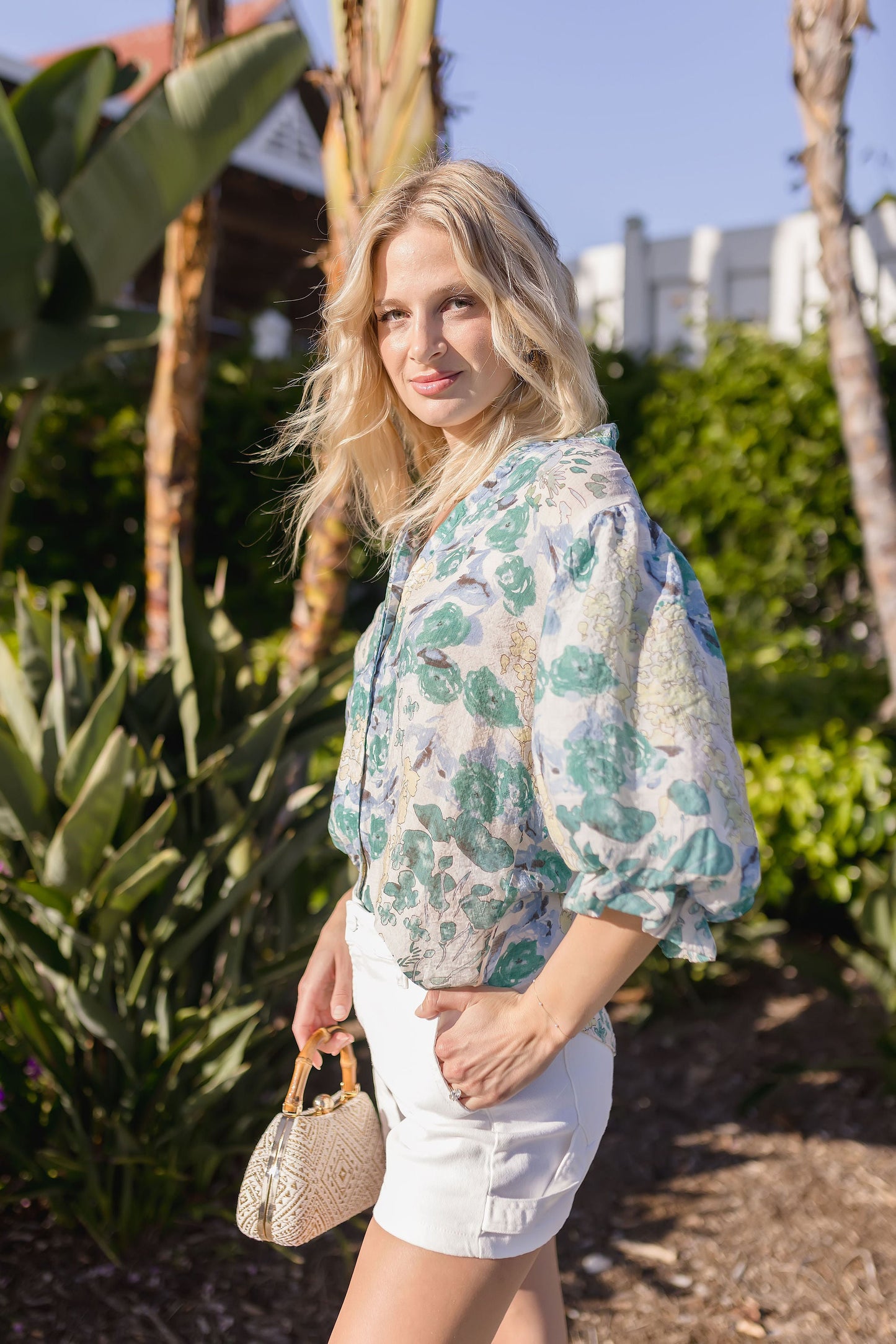 Cleo 3/4 Sleeve Button Down Floral Print Top Green