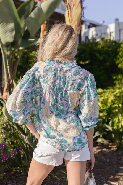 Cleo 3/4 Sleeve Button Down Floral Print Top Green