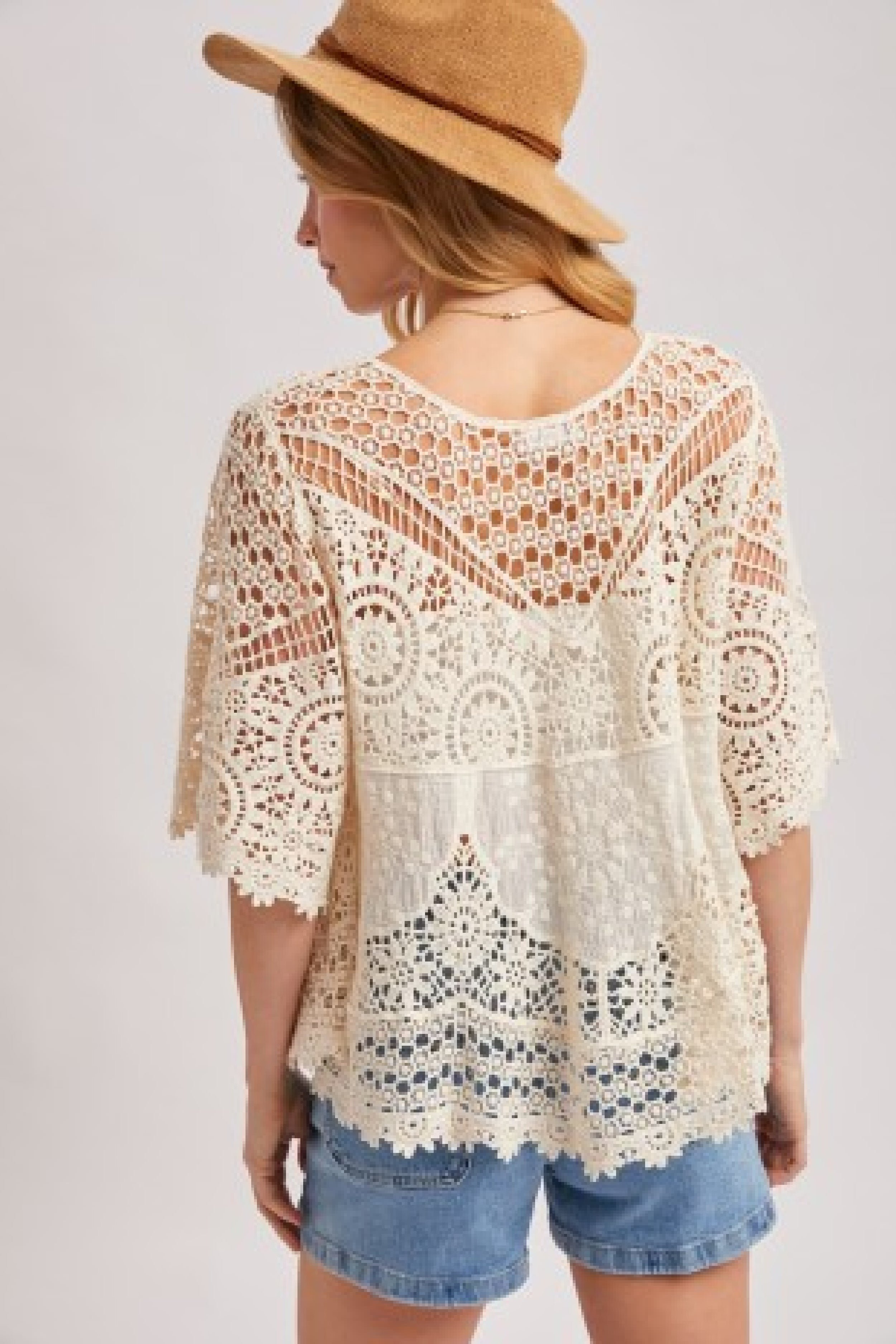 Waitlist 7/23 • Davina 3/4 Sleeve Front Tie Sheer Crochet Lace Top Natural