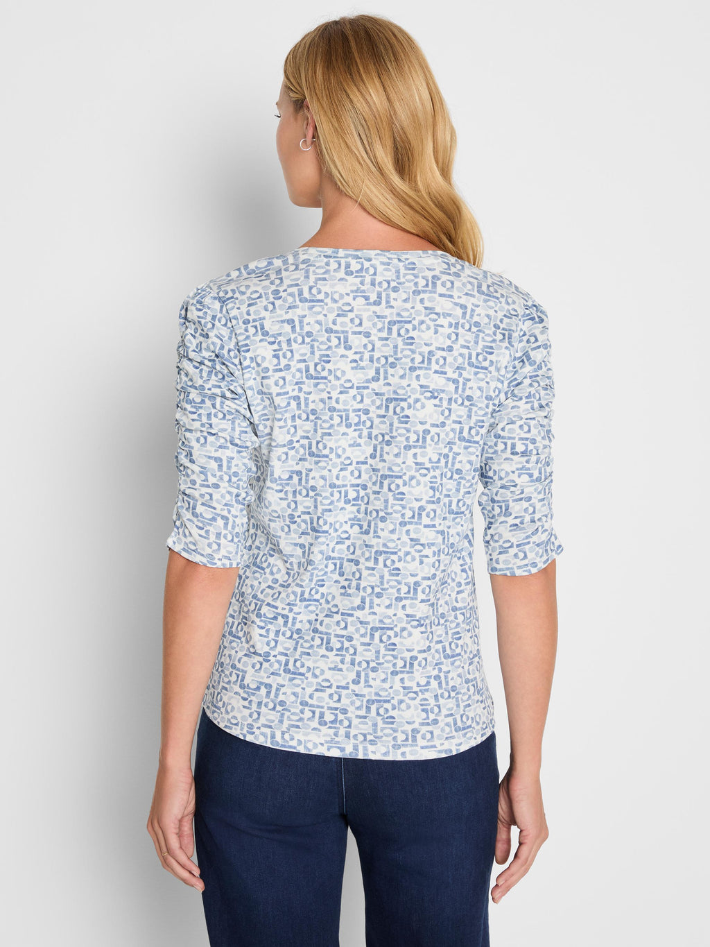 Geo Print Ruched Elbow Sleeve Tee