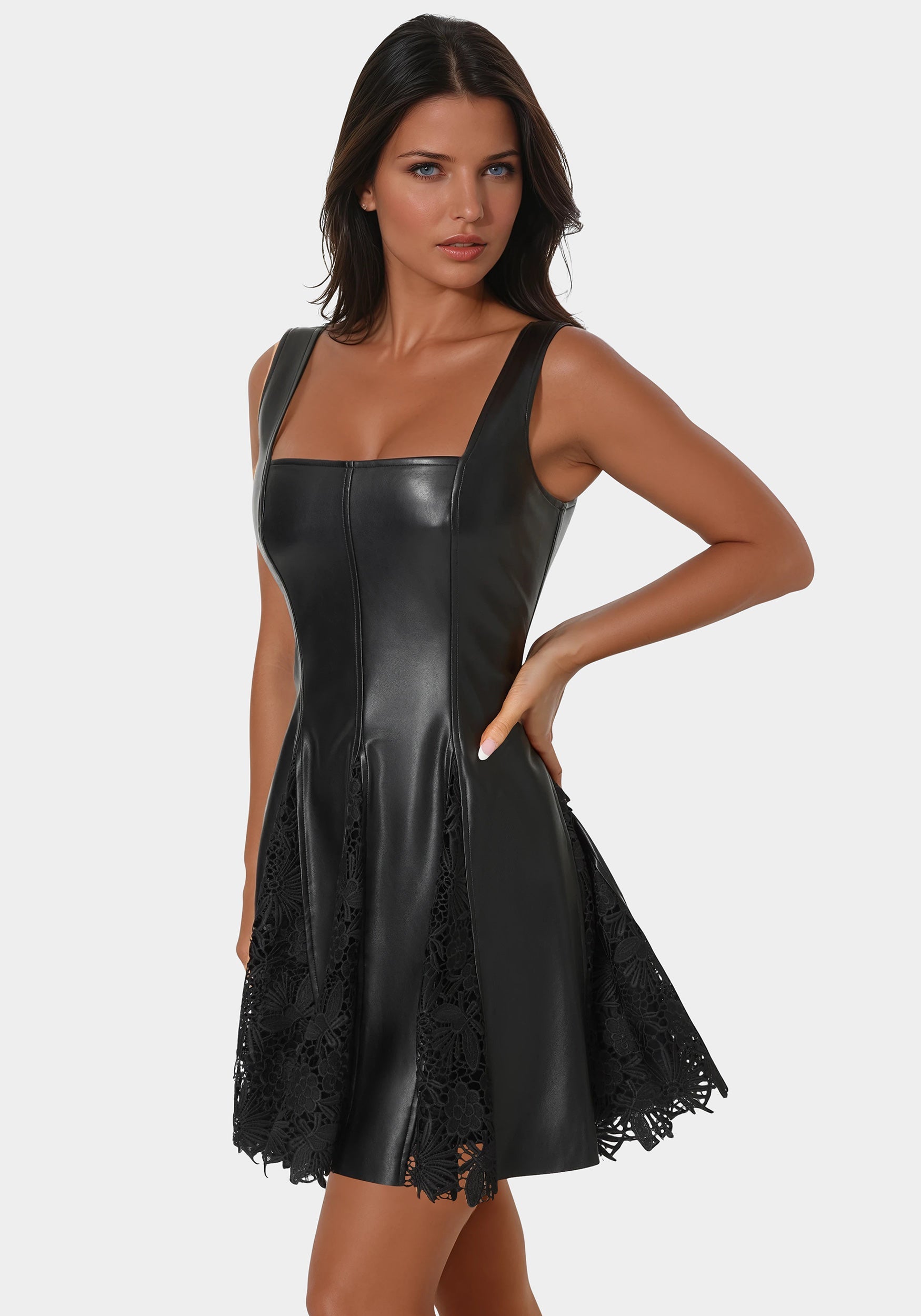 Faux Leather Lace Inset Flare Dress