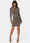 Long Sleeve Embellished Illusion Mesh Mini Dress