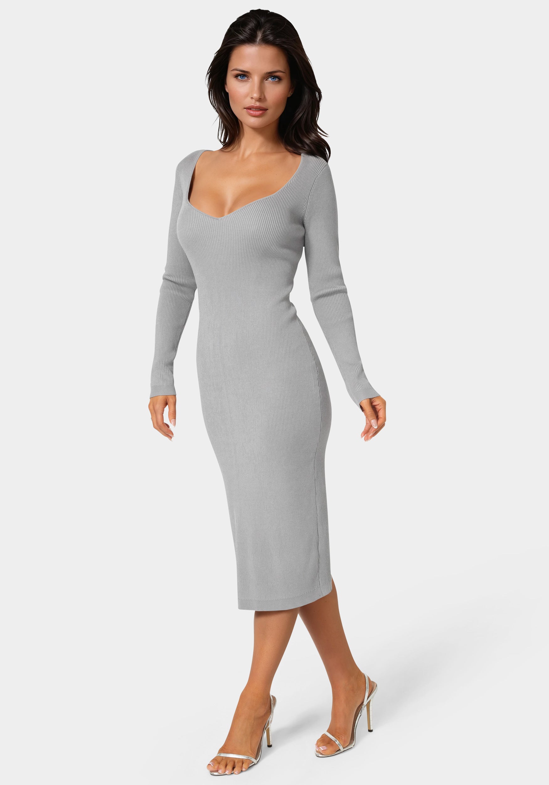 Long Sleeve V-Neck Midi Sweater Dress