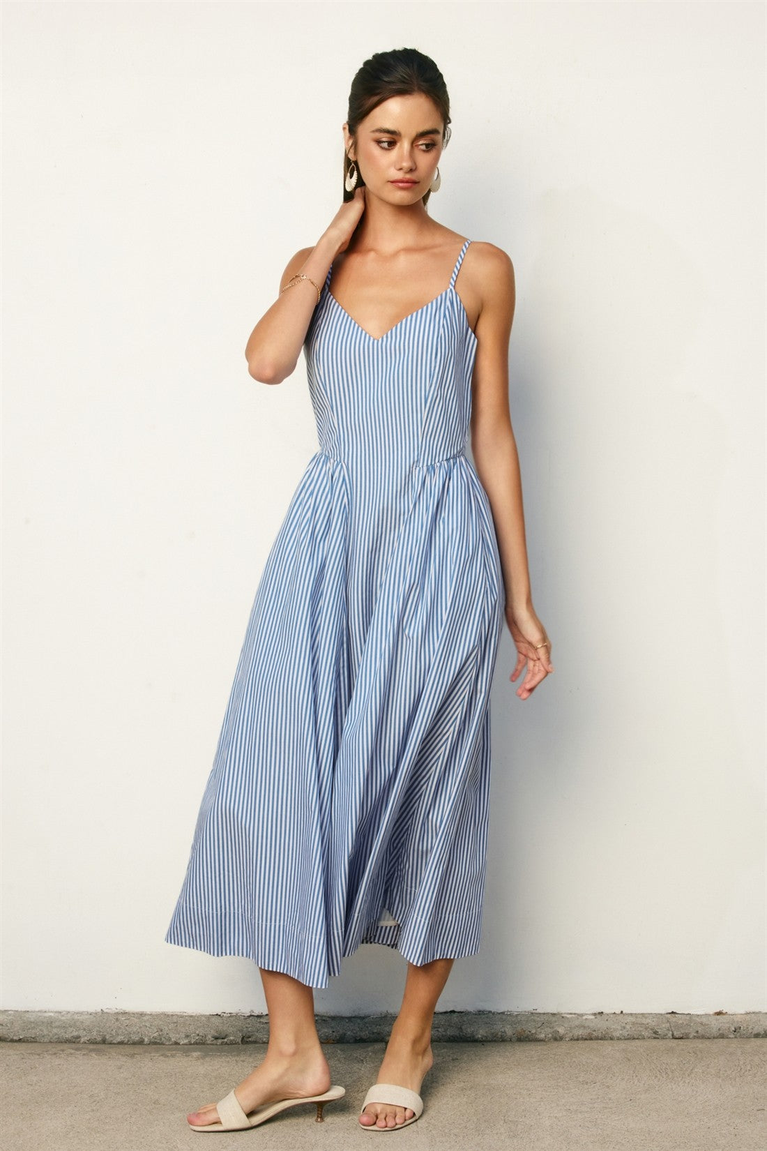 Jolene Sleeveless Stripe Print Midi Dress Blue