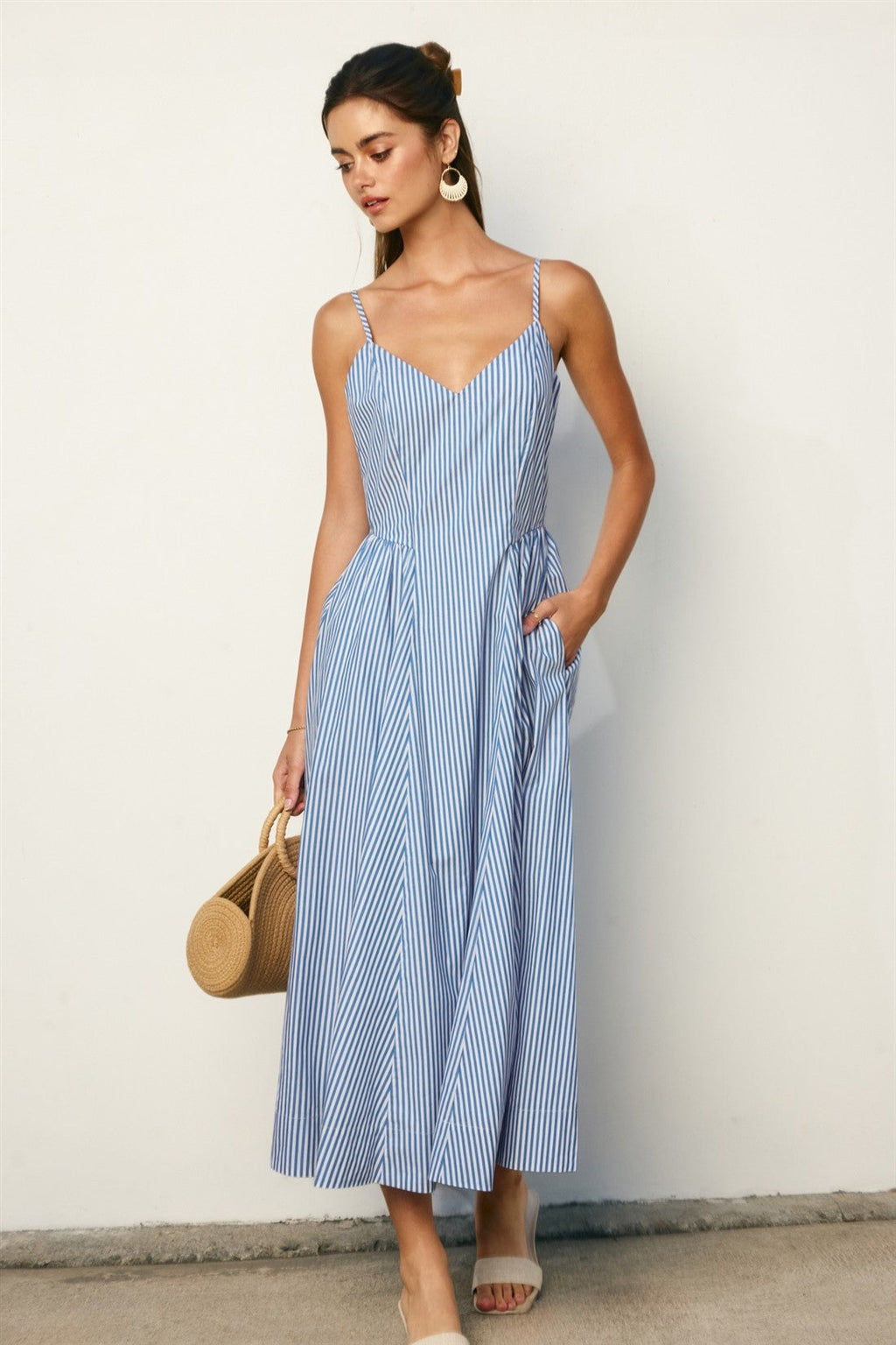 Jolene Sleeveless Stripe Print Midi Dress Blue