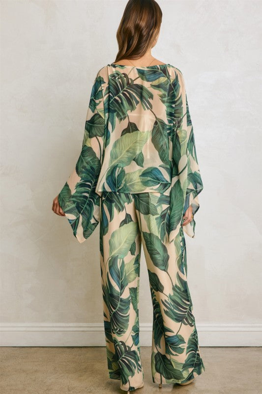 Waitlist 7/4 • Corvina High Waist Wide Leg Tropical Print Pants Green