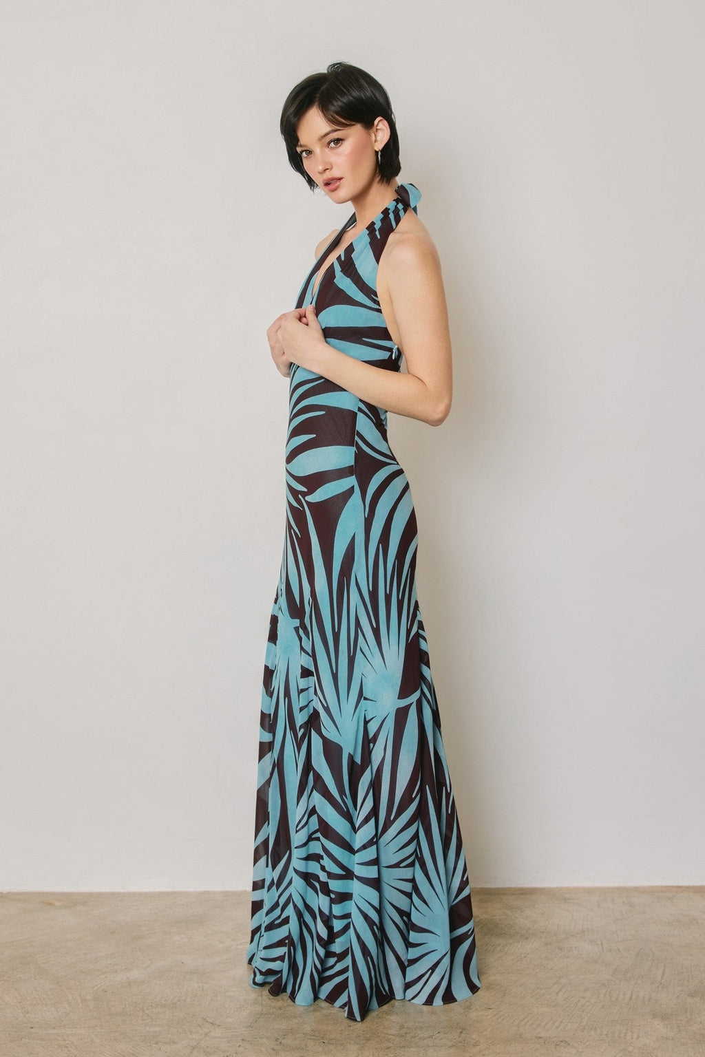 Waitlist 8/5 • Monica Sleeveless Halter Open Back Leaf Print Maxi Dress Blue