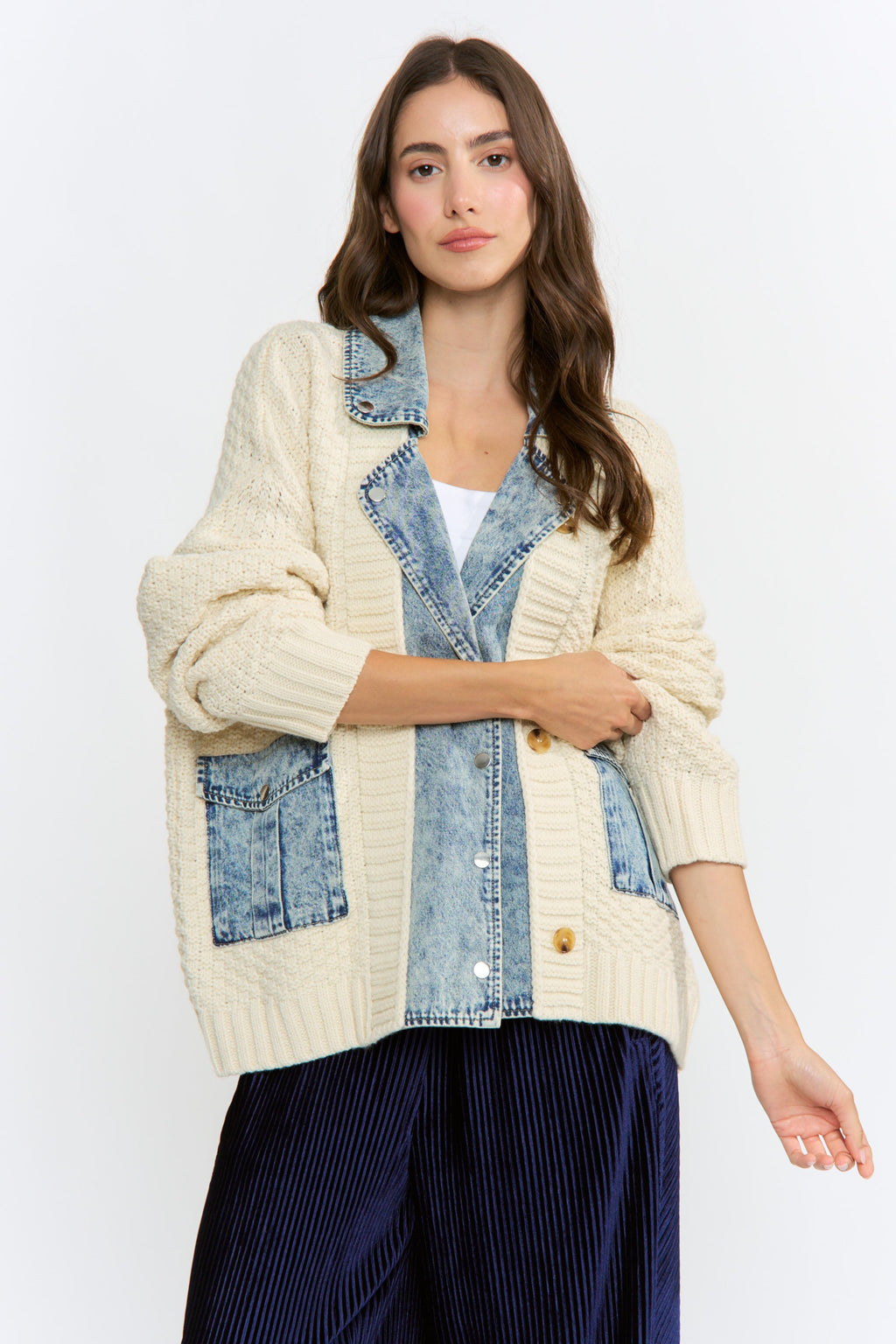 Waitlist 8/25 • Clarissa Long Sleeve Cable Knit Denim Trim One Size Shacket Ivory