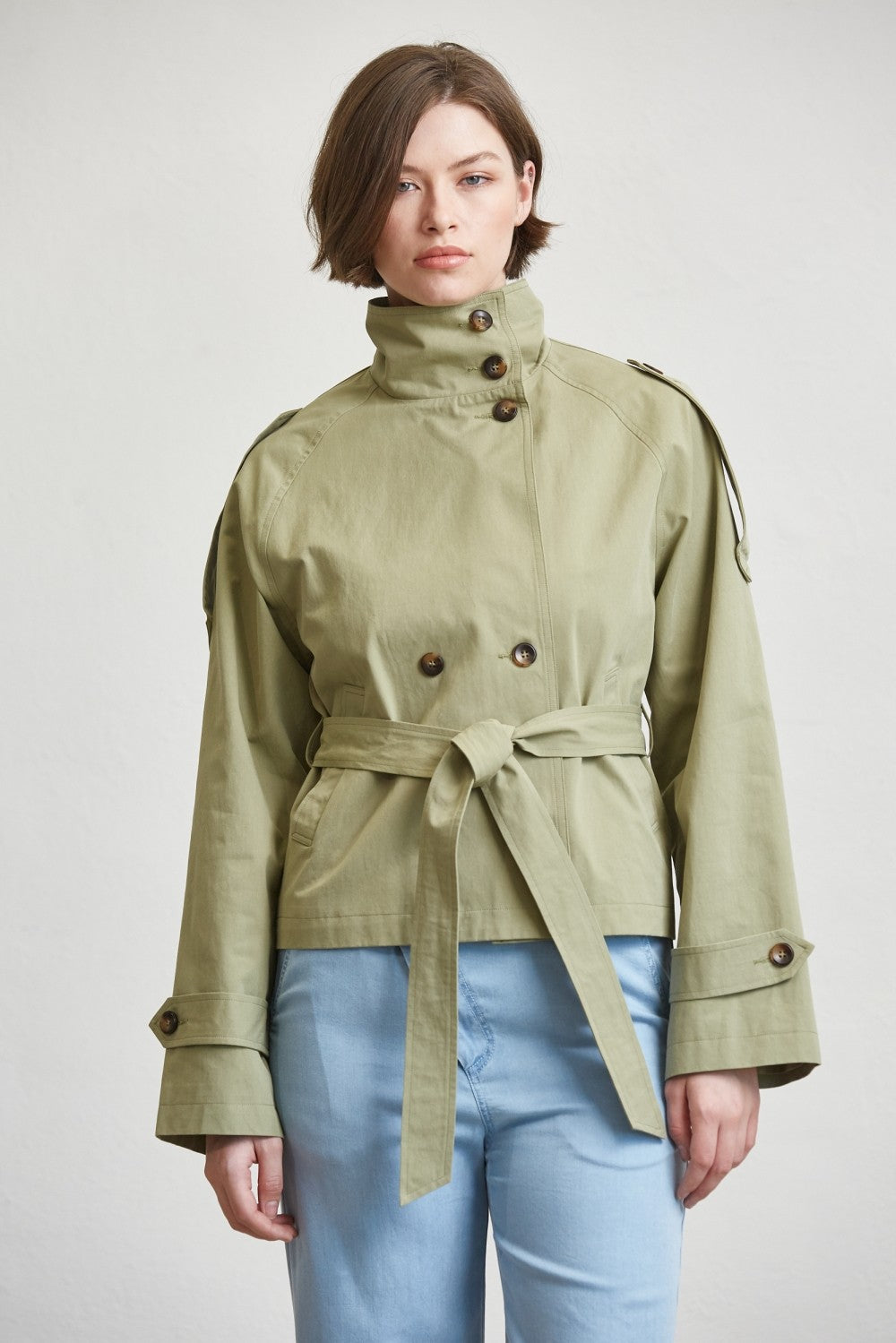 Marlowe Long Sleeve Double Breasted Waist Tie Jacket Olive
