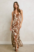 Waitlist 7/25 • Taylor Sleeveless Halter Abstract Print Maxi Dress Brown